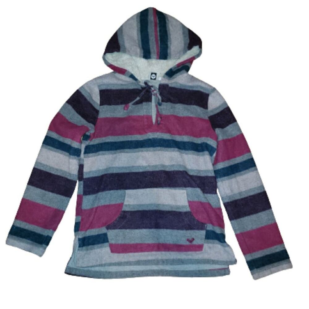 Roxy Women's XS Sherpa Lined Purple Pink Gray Striped Pullover Hoodie